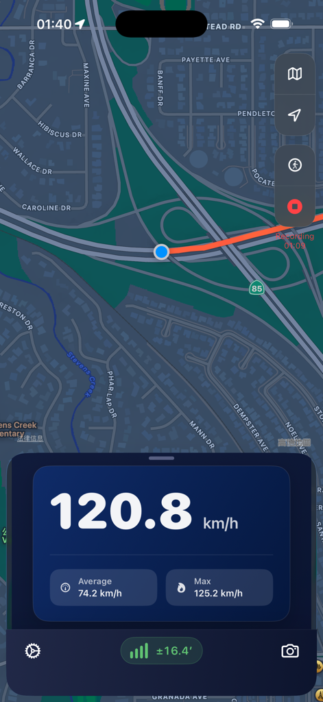 Sensnap - Outdoor Assistant - Interface do aplicativo Sensnap mostrando rastreamento de velocidade em tempo real com dados de velocidade média e máxima sobre uma rota no mapa