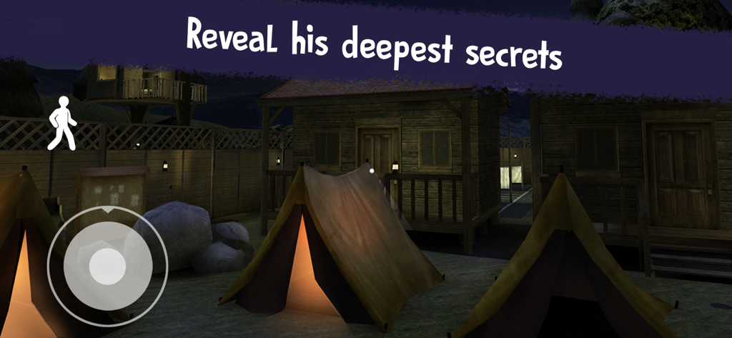 Ice Scream 3 - Captura de pantalla de un campamento oscuro con tiendas de campaña y cabañas en el juego de terror Ice Scream 3