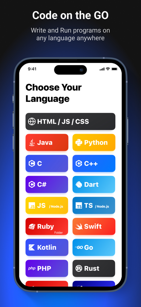 CodeSnack IDE - CodeSnack IDE mobile interface showing a variety of supported programming languages like Python, Java, and Swift for coding on the go.