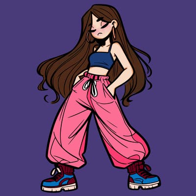girl in baggy pants crop top and long hair