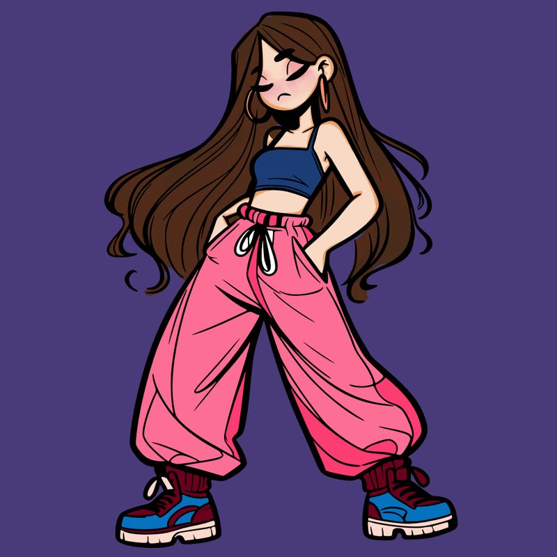 girl in baggy pants crop top and long hair