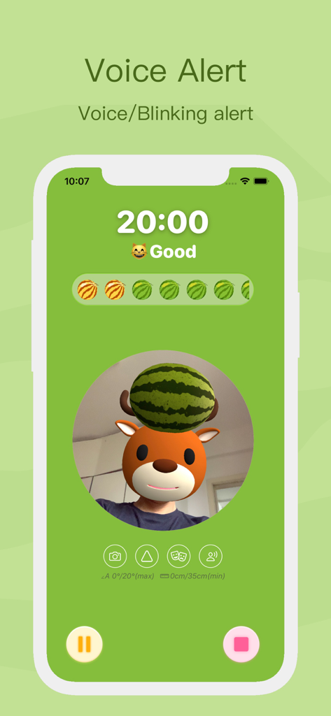 HeadsUp - Improve Posture - HeadsUp app interface showing voice alert feature with a deer avatar balancing a watermelon for posture tracking.