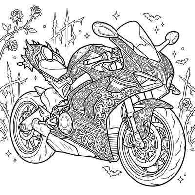 Experience the thrill of a high-performance sport motorcycle infused with a mysterious gothic aesthetic. This intricate coloring page combines speed with ornate Victorian elegance for a truly unique artistic challenge.
