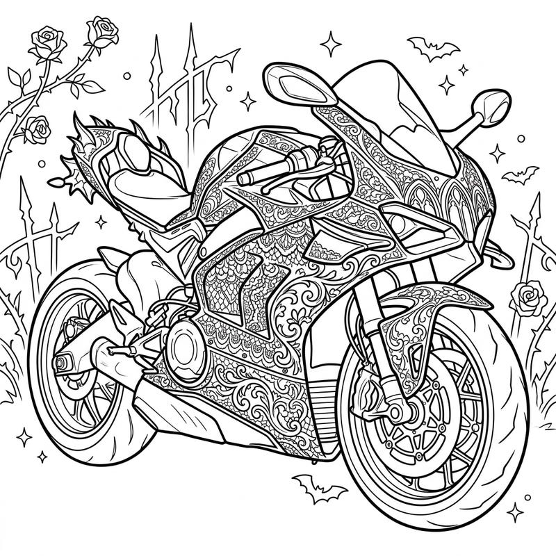 Experience the thrill of a high-performance sport motorcycle infused with a mysterious gothic aesthetic. This intricate coloring page combines speed with ornate Victorian elegance for a truly unique artistic challenge.