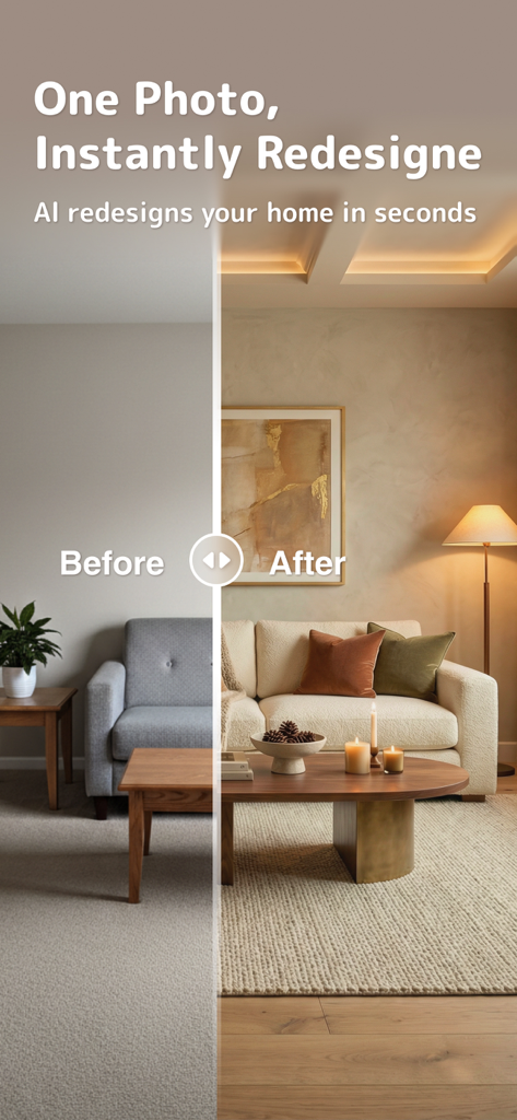 HomeGPT：AI Interior Design - Before and after comparison of a living room redesigned using HomeGPT AI