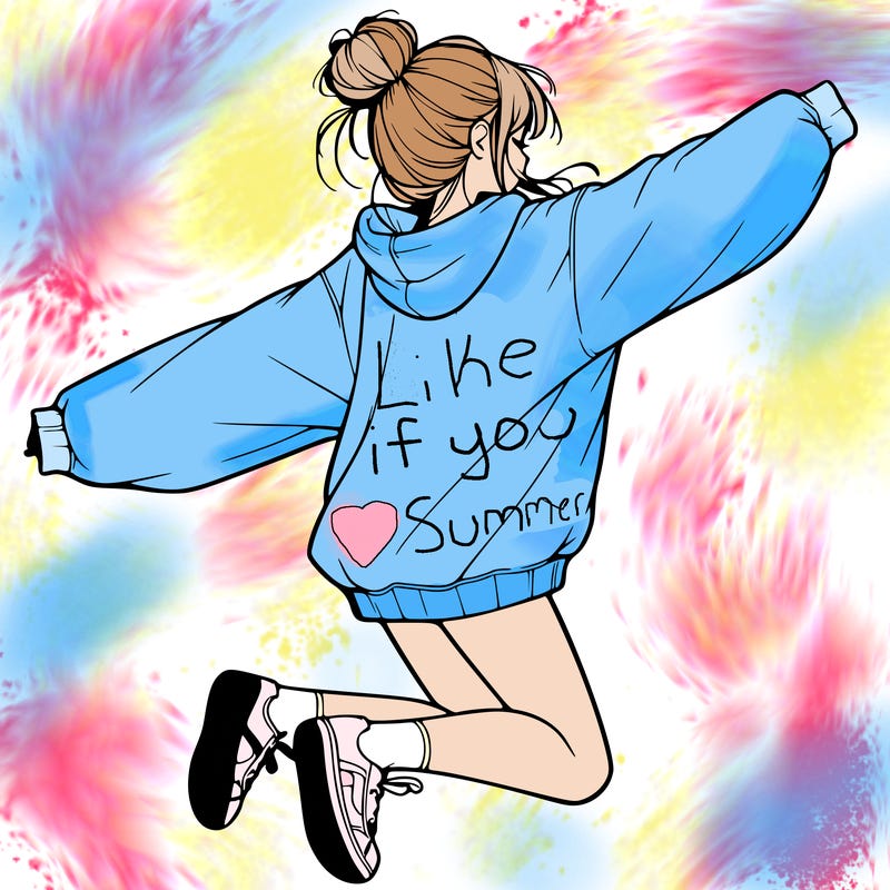 realistic girl jumping with a bun and oversized sweatshirt
