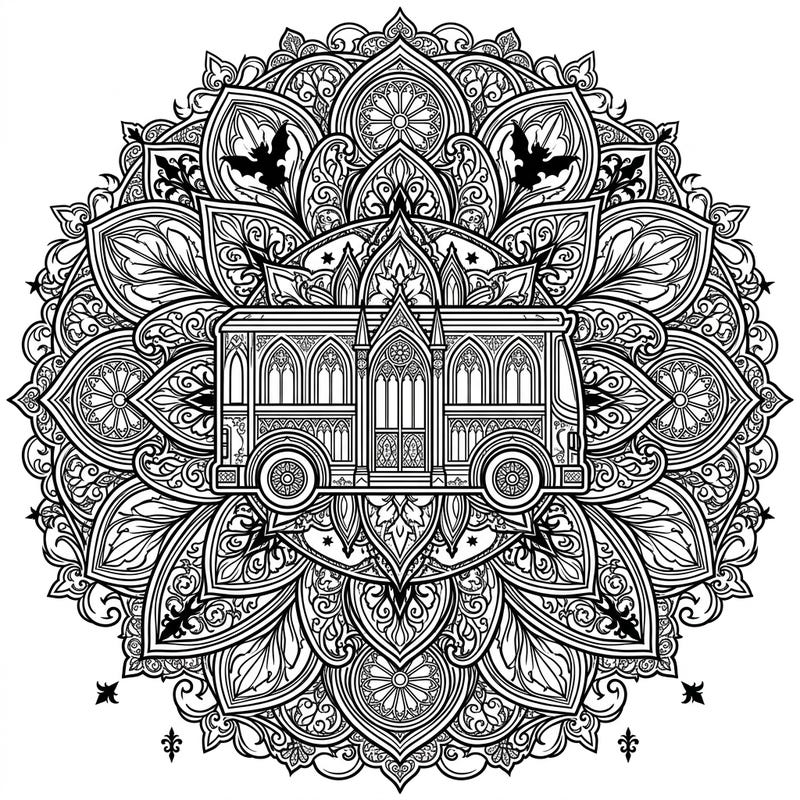 Embark on a unique coloring adventure with this intricate Gothic Party Bus Mandala. Featuring a detailed, dark-themed party bus at the core of a symmetrical, ornate design, it promises hours of creative engagement.