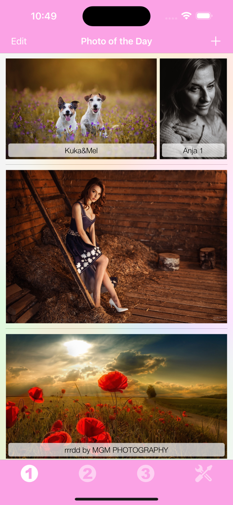 Photo Of The Day Widget - Interfaz de la aplicación Widget Foto del Día que muestra una galería curada de fotografías profesionales diarias que incluyen naturaleza y retratos