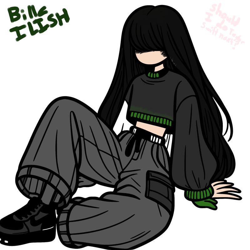 a girl with baggy pants and a crop top with long hair