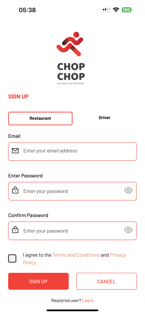 ChopChop - Écran d'inscription de l'application ChopChop montrant les champs d'enregistrement pour les restaurants et les livreurs