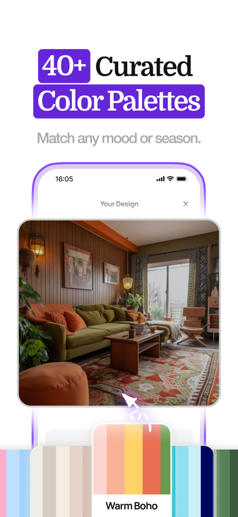 Home Design AI - Remodel Room - Interfaz de aplicación de diseño de interiores que muestra paletas de colores curadas para la remodelación de habitaciones y una transformación de estilo boho cálido.