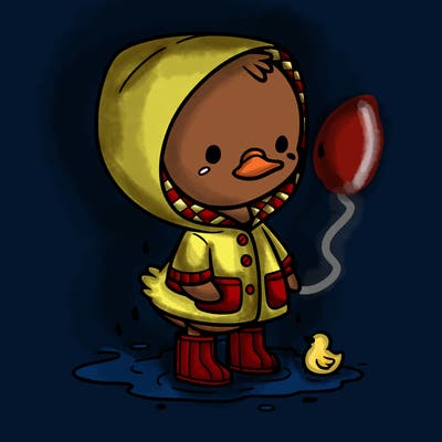 baby duck in a rain coat and boots, in a puddle while it’s raining