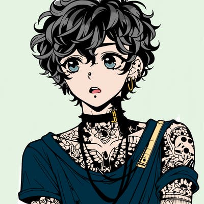 teen anime boy with curly hair  goth shirt lots of tattos and piercings