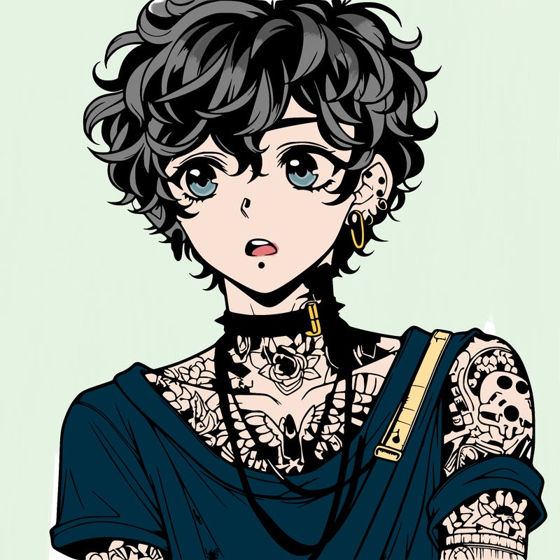 teen anime boy with curly hair  goth shirt lots of tattos and piercings