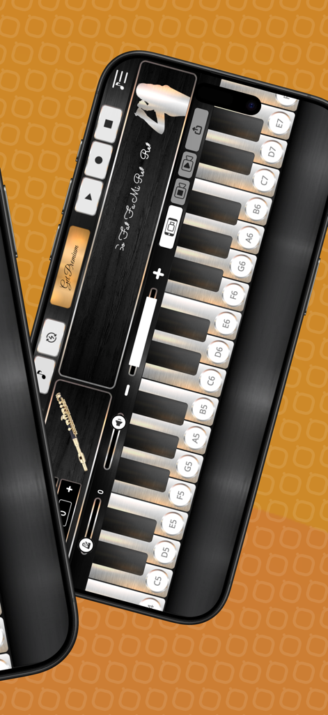 Piccolo Sim - Screenshot der Piccolo Sim App, der eine virtuelle Tastatur mit Musikaufnahme- und Stimmungssteuerungen zeigt.