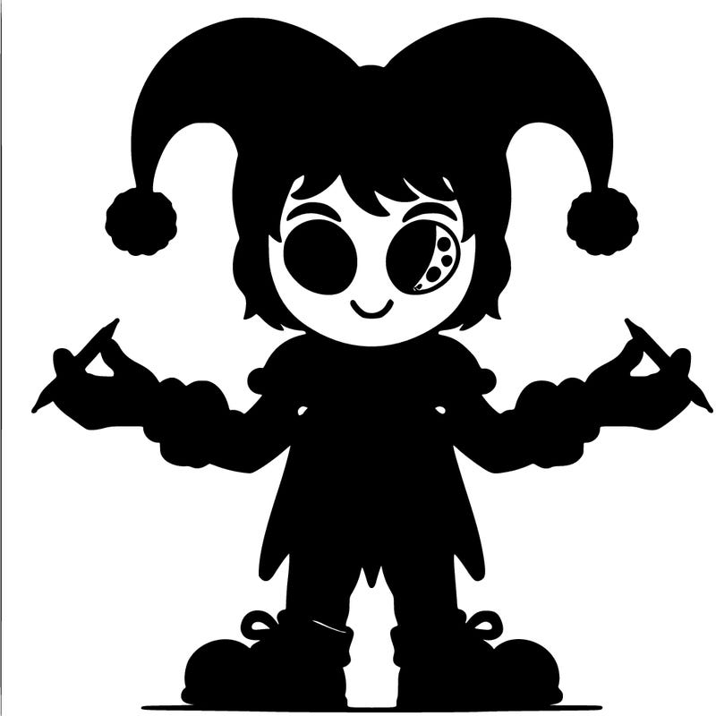 pomni white skin dark brown hair short adjuster hat, that’s red and blue with pom-poms on it red and blue jester suit with pom-poms on the middle 2 of them jester shoes, red and blue at the top yellow ribbon red and blue for the gloves ribbon on the gloves her eyes looks like pizza slices, but colored, red and blue at the same time