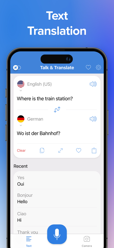 Talk & Translate AI Translator - Schermata di traduzione del testo nell'app Talk and Translate che mostra la traduzione dall'inglese al tedesco