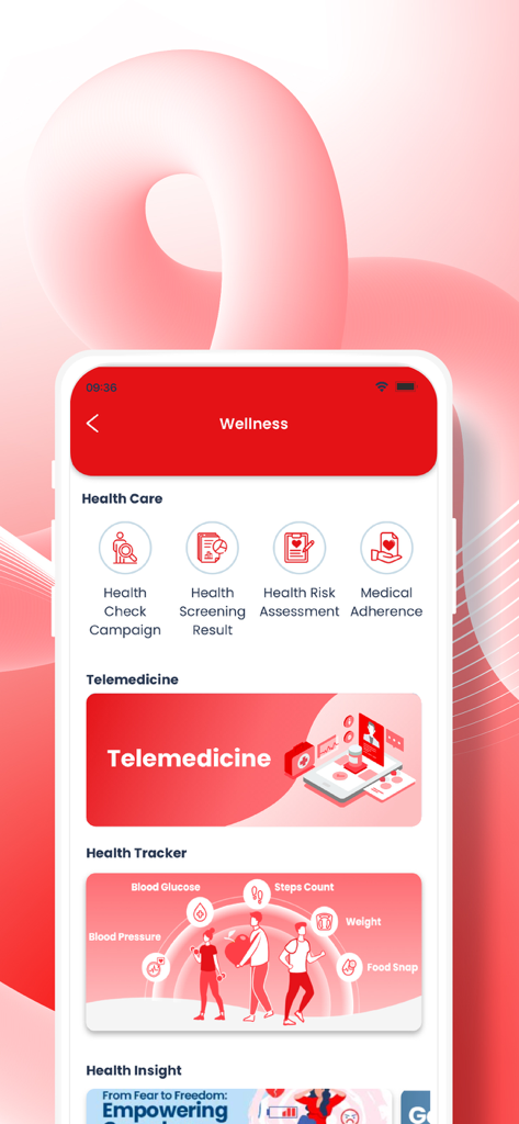 Écran bien-être MiCare MyMed proposant des services de soins de santé, de télémédecine et des outils de suivi de la santé.