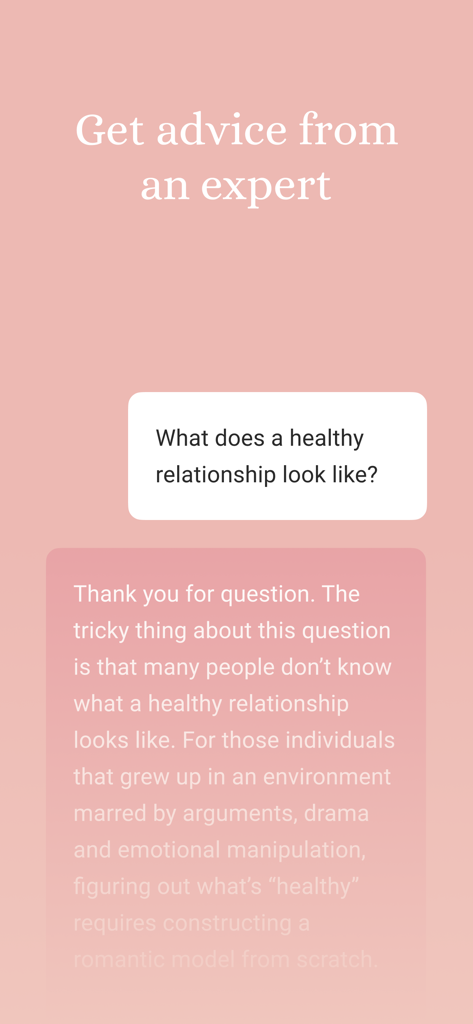 Cuddle: Couples & Relationship - Interfaz de la aplicación Cuddle que presenta consejos de expertos sobre cómo se ve una relación saludable.