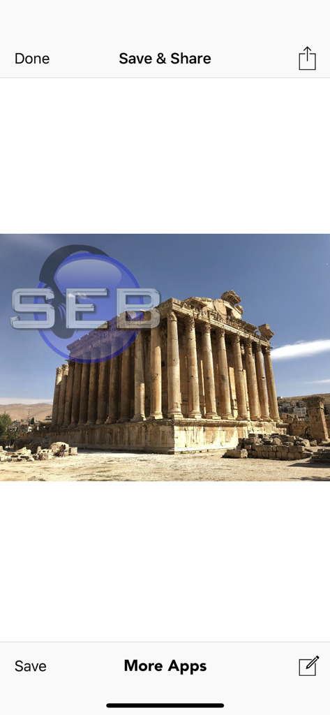 WaterMark - カスタムロゴ透かし付きの古代寺院の写真が表示されたWaterMarkアプリの最終保存・共有画面