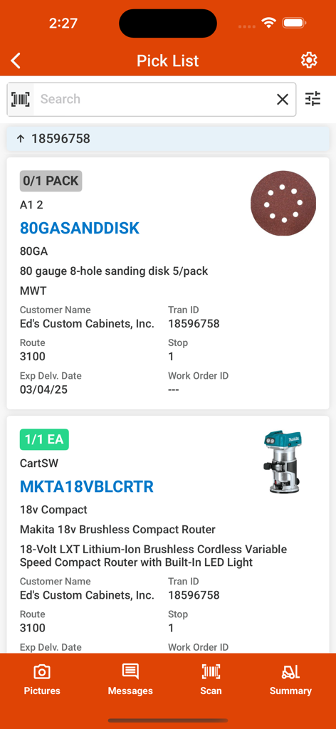 Agility Mobile Warehouse Tools pick list interface showing inventory items and order details