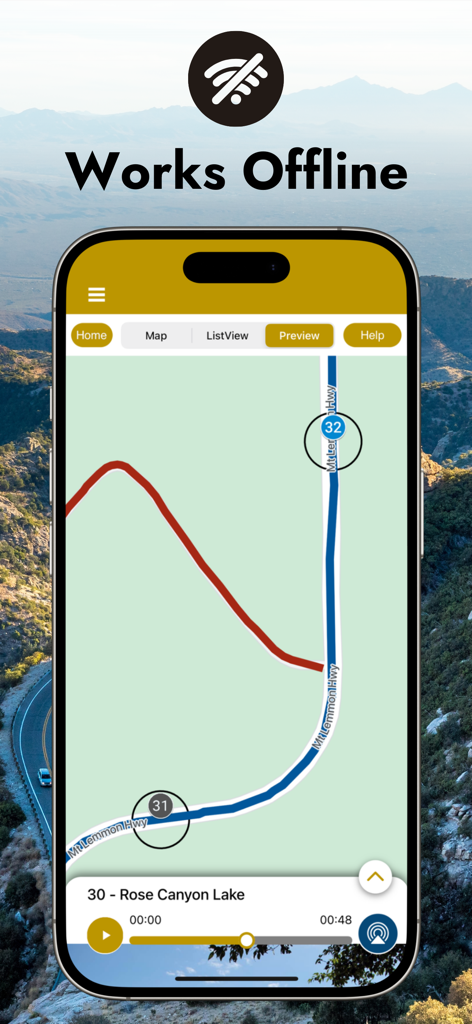 Mount Lemmon GPS Audio Tour - Smartphone showing Mount Lemmon GPS Audio Tour map and offline mode icon