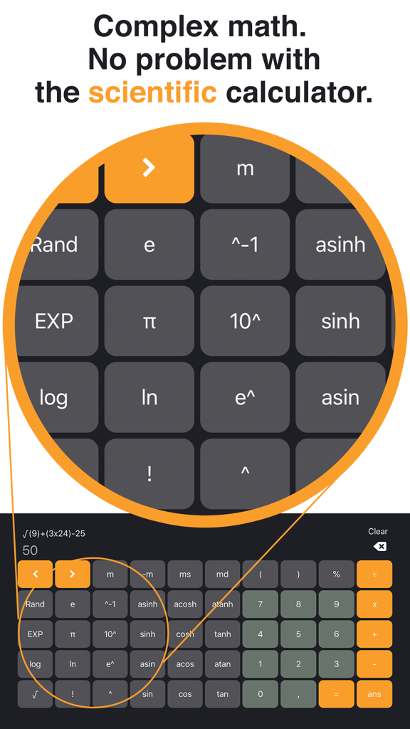 Interface of The Calculator Pro app showing its scientific mode with advanced mathematical functions