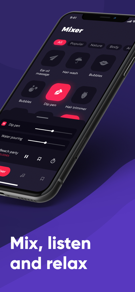 ASMR Sounds and Ear Triggers - Interface do aplicativo móvel ASMR Sounds and Ear Triggers mostrando a tela do mixer de som com várias opções de gatilho, como bolhas e caneta-tinteiro.