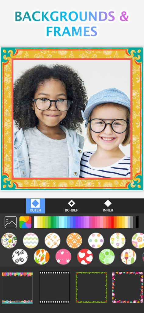 Oberfläche einer mobilen App, die farbenfrohe Hintergrundmuster und dekorative Rahmen für die Fotobearbeitung zeigt