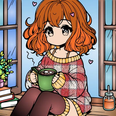 cute anime girl reading book and drinking hot chocolate from mug with loose wavy hair wearing a baggy sweatshirt and shorts sitting by windowsill looking out