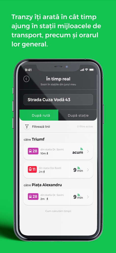 Tranzy - Interface de l'application Tranzy montrant les heures d'arrivée en temps réel des bus et tramways pour les stations de transport en commun à proximité