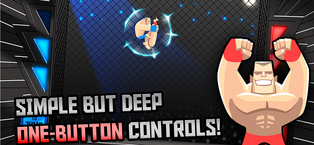 A muscular wrestler celebrates in a cage with text describing simple one-button controls in the UFB game.