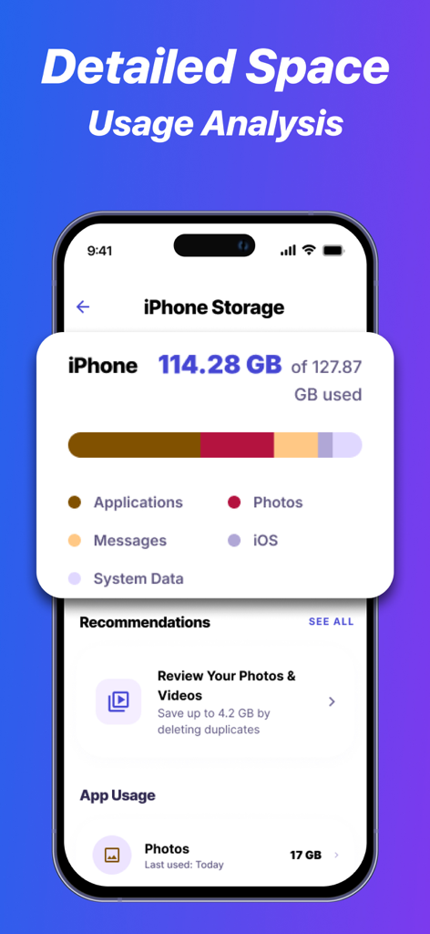 DiskDigger Pro File Recovery - 사진 응용 프로그램 및 시스템 데이터 등 iPhone 저장 공간 사용량에 대한 자세한 분석을 보여주는 DiskDigger Pro 인터페이스