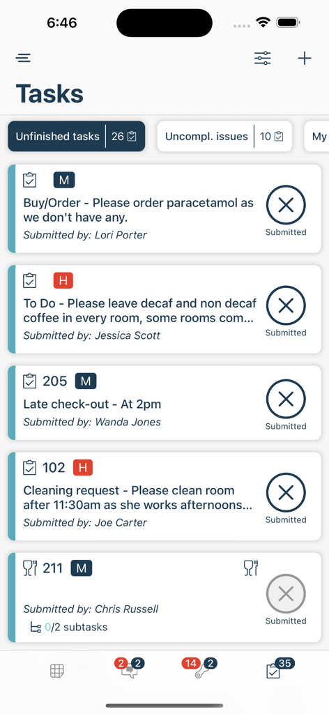 Flexkeeping - Flexkeeping mobile app showing a list of unfinished hotel tasks and cleaning requests