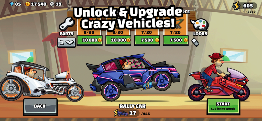 Garagenbildschirm in Hill Climb Racing 2 mit verschiedenen Fahrzeugen und Upgrade-Optionen