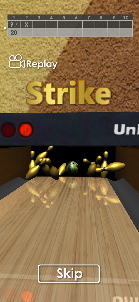Unlimited Bowling - A strike replay in Unlimited Bowling mobile game featuring golden pins and a green bowling ball