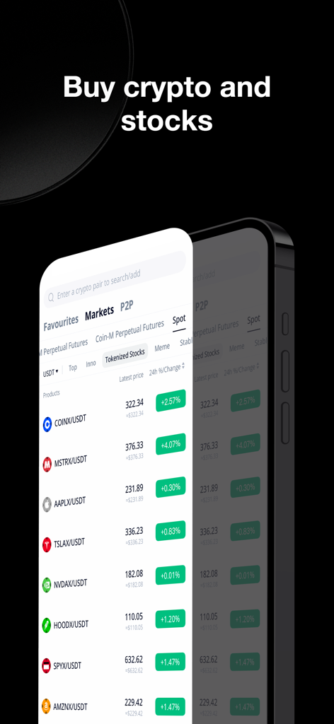 BTCC mobile app interface showing a list of tokenized stocks including Tesla and Nvidia available for trading