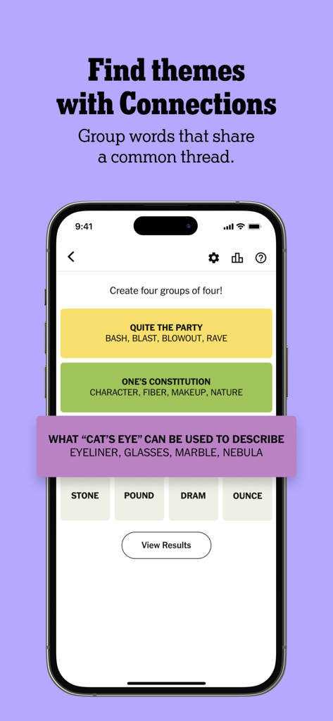 Ein Screenshot des Connections-Spiels innerhalb der NYT Games-App, der Wörter zeigt, die nach gemeinsamen Themen gruppiert sind.