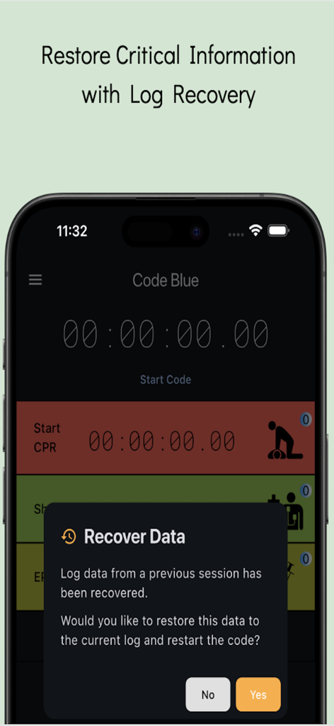 Code Blue: CPR Event Timer - Code Blue app screen showing a data recovery prompt to restore a previous session log