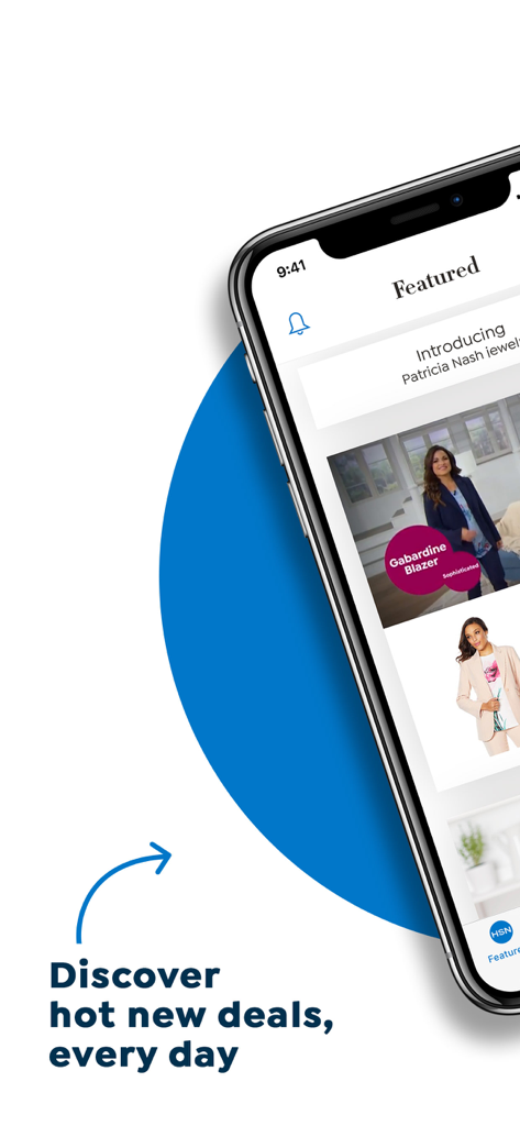 Smartphone screen showing the HSN app with featured fashion items and daily shopping deals