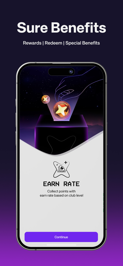 Sure Benefits - Sure Benefits app screen showing how to collect points and earn rates based on club levels.