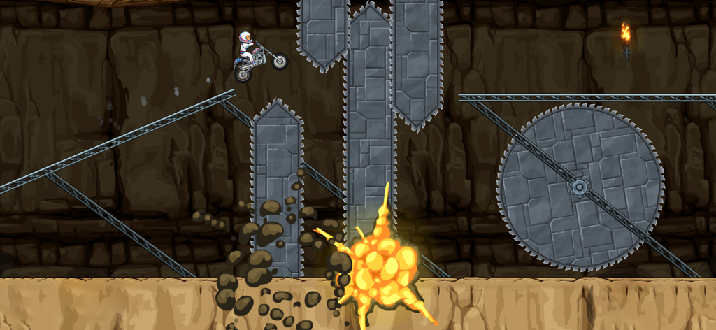 Un motard sautant par-dessus une grande explosion et des obstacles de scie circulaire dans un niveau de grotte rocheuse.