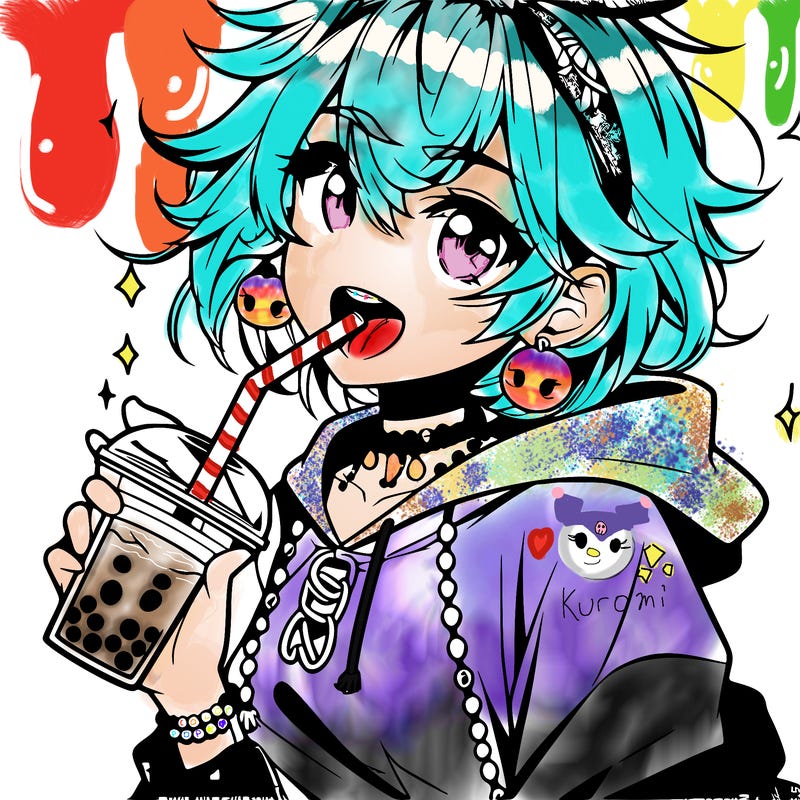 hot baddie anime girl drinking boba and biting the straw