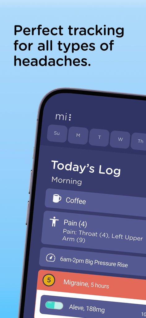 Interfaz de la aplicación Migraine Insight que muestra un registro diario de desencadenantes de dolor de cabeza, síntomas y medicamentos.
