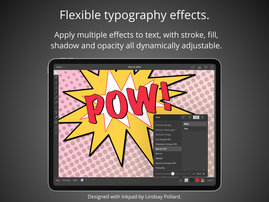 Screenshot dell'app Inkpad su iPad che dimostra effetti tipografici flessibili con testo in stile fumetto