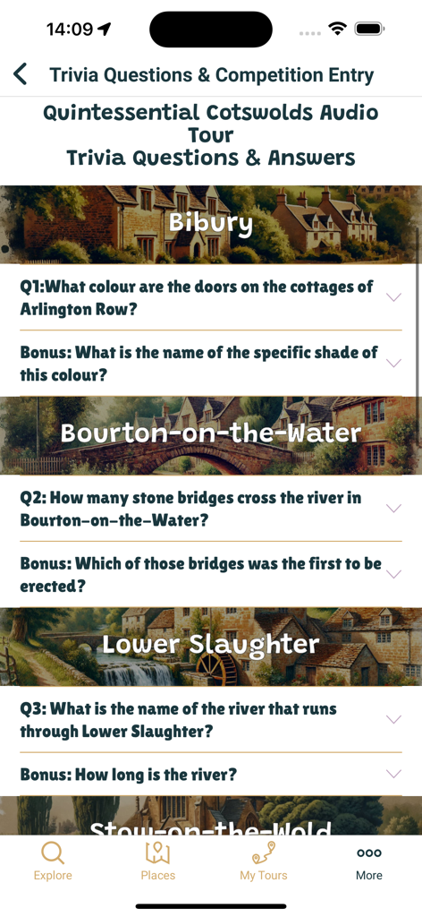 A screen from the Local Compass app showing trivia questions about Cotswolds locations including Bibury and Bourton-on-the-Water.