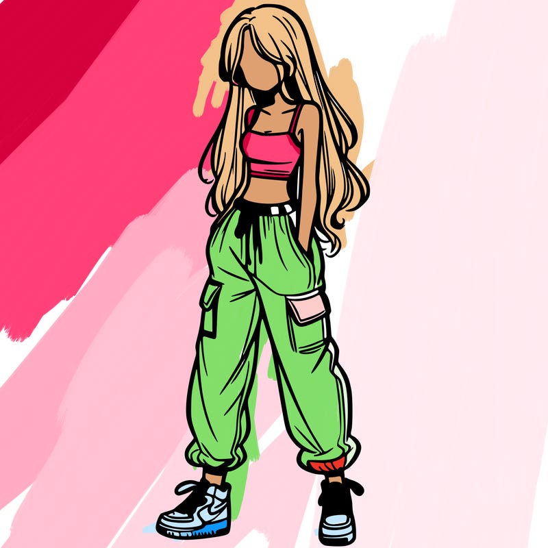 girl in baggy pants crop top and long hair