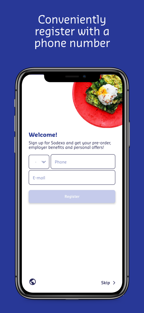 Interface d'enregistrement de l'application MySodexo sur un iPhone montrant les champs pour le numéro de téléphone et l'e-mail avec un message de bienvenue pour les nouveaux utilisateurs