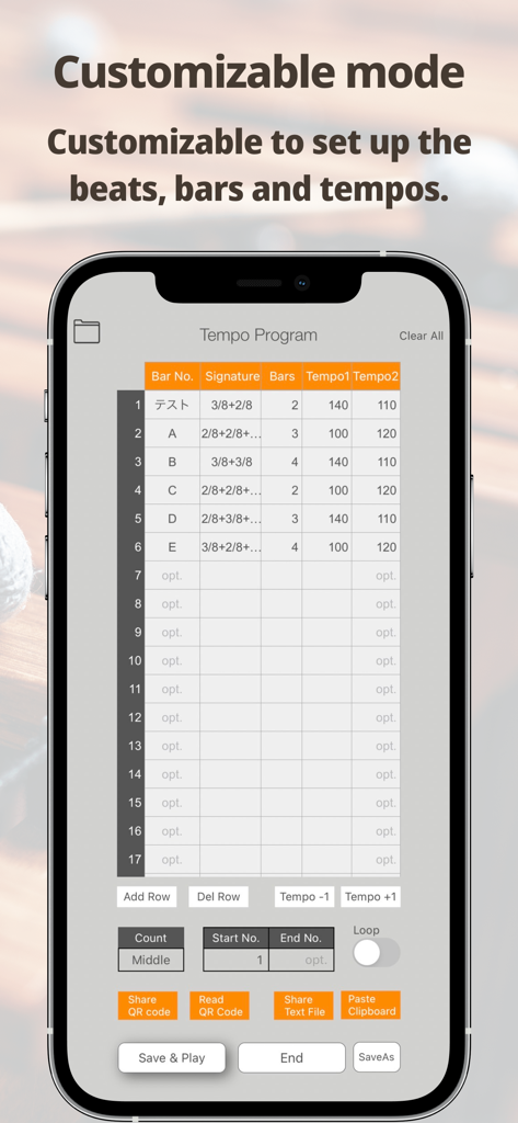 Smart Metronome app showing the Tempo Program interface for customizing beats bars and tempos