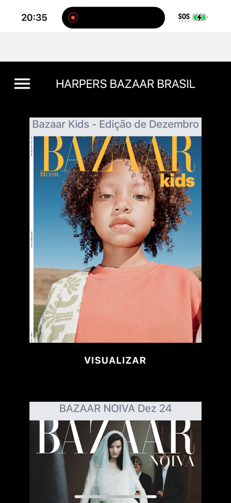 Harper's Bazaar Brasil - Harper's Bazaar Brasil mobile app interface displaying digital magazine editions including Bazaar Kids and Bazaar Noiva